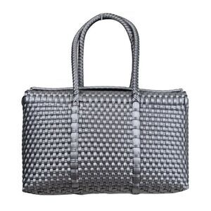 HANDCRAFTED BRAIDED SILVER GRAY PLASTIC BASKET SATCHEL SHOULDER BAG HANDBAG